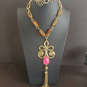 Lilly‎ Pulitzer Gypsy Long Necklace Pink & Gold Tone with Amber Accents NWT Boho